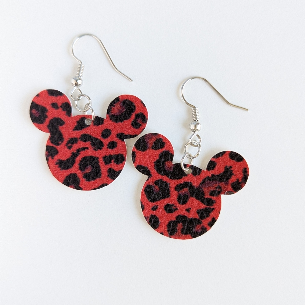 Leopard print Mickey mouse inspired earrings | Faux leather